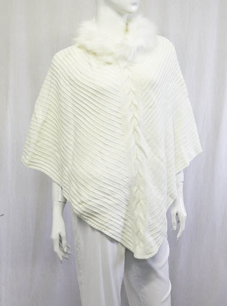 White Poncho With Faux Fur Collar - Tracey Glynn Fashions