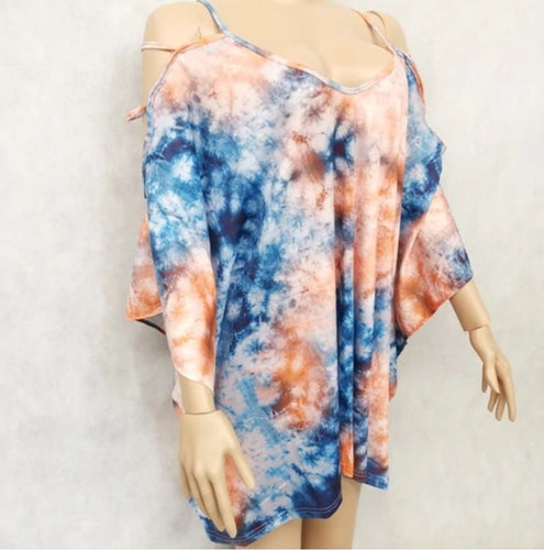 Tie Dyed Top Free Size Blue Tan - Tracey Glynn Fashions