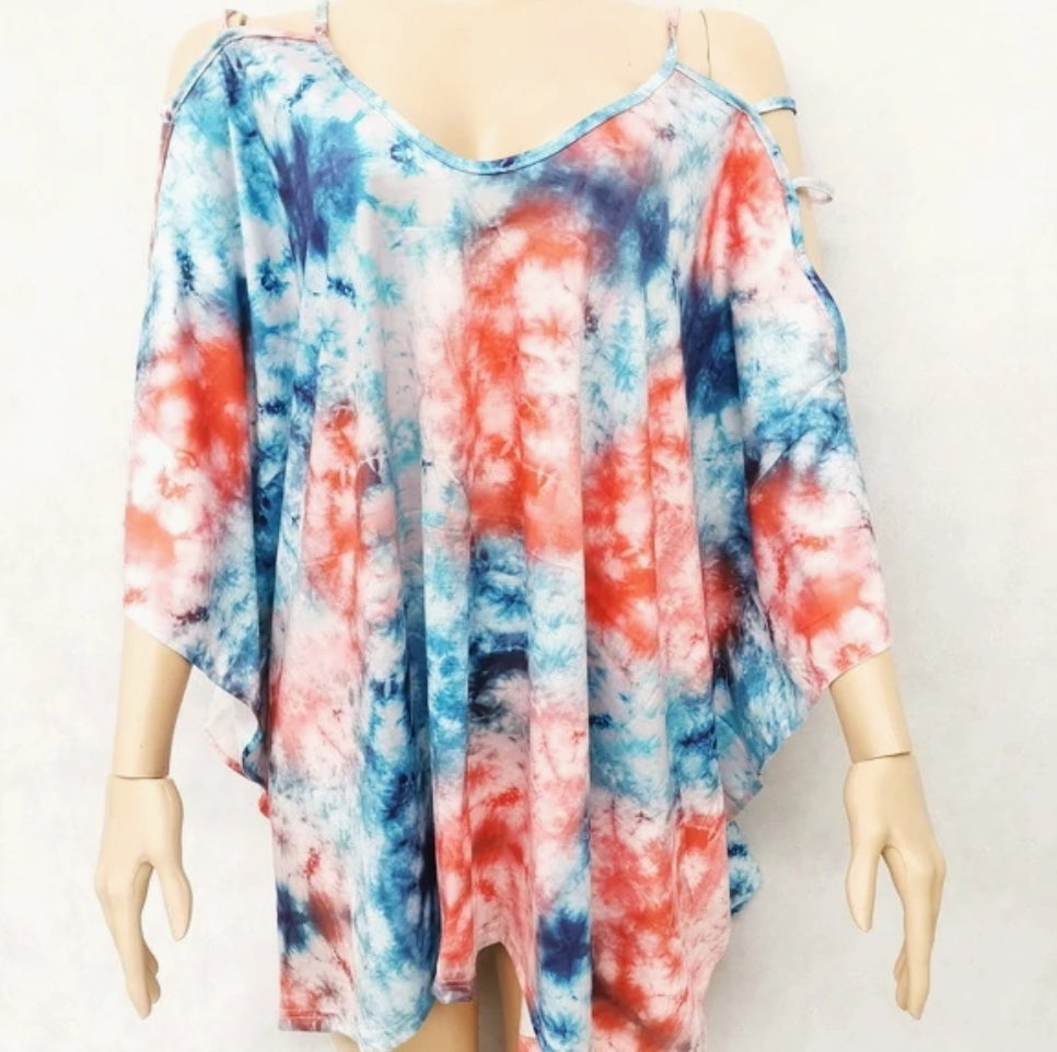 Tie Dyed Top Free Size Blue Pink - Tracey Glynn Fashions