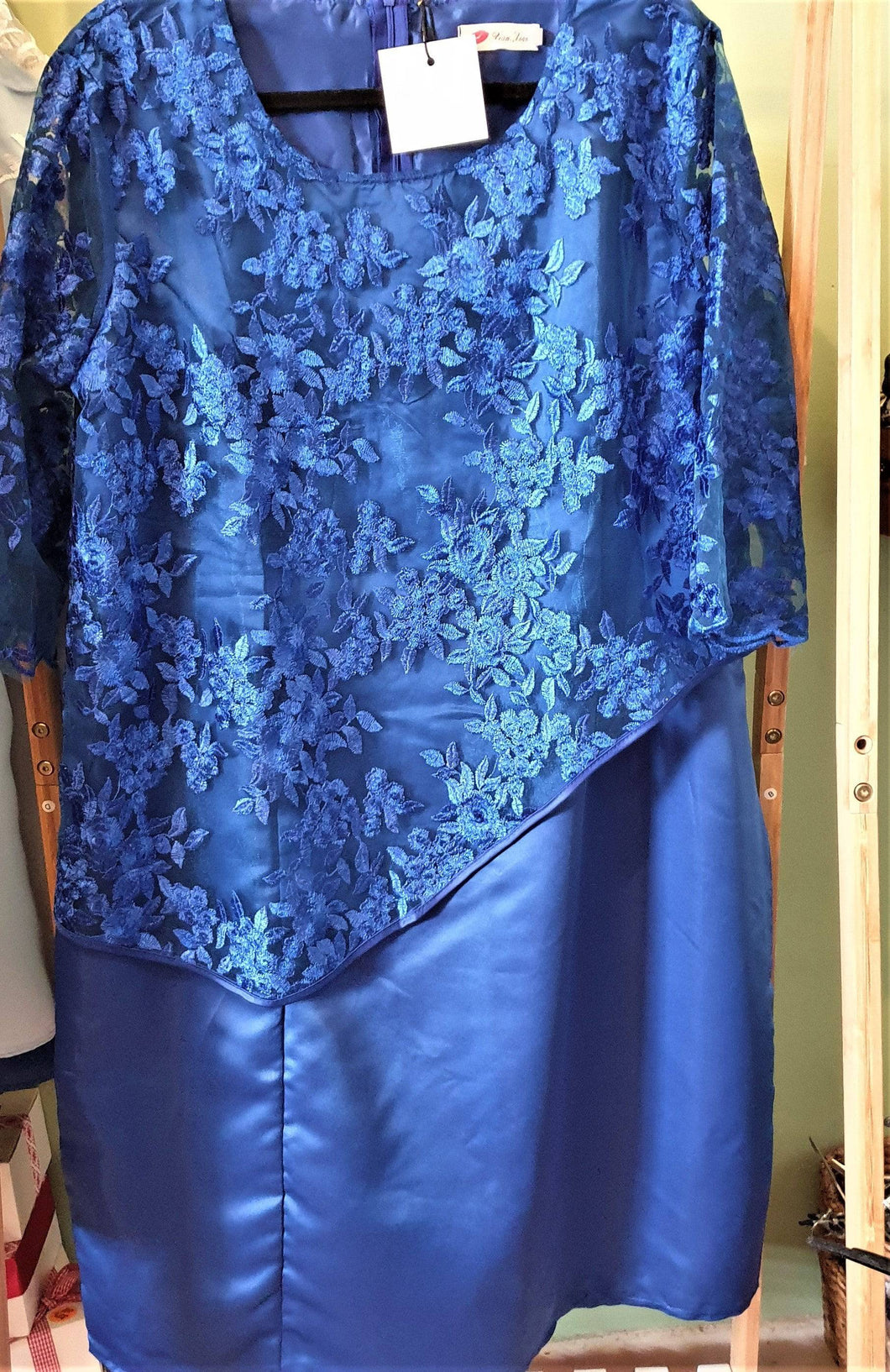 Women's Formal Dress Embroidered Royal Blue Satin Look Lace Look Top. - Tracey Glynn Fashions