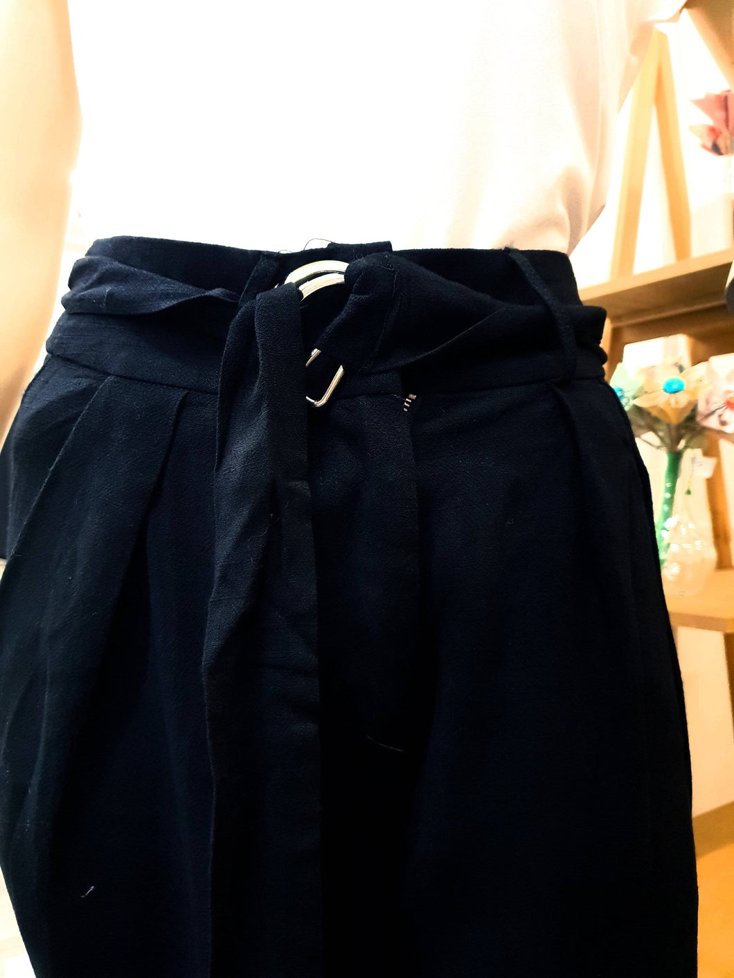 Pants Black Women's Cuffed Bottom Trousers Cotton Wide Leg Hem Pockets Belt Loops - Tracey Glynn Fashions