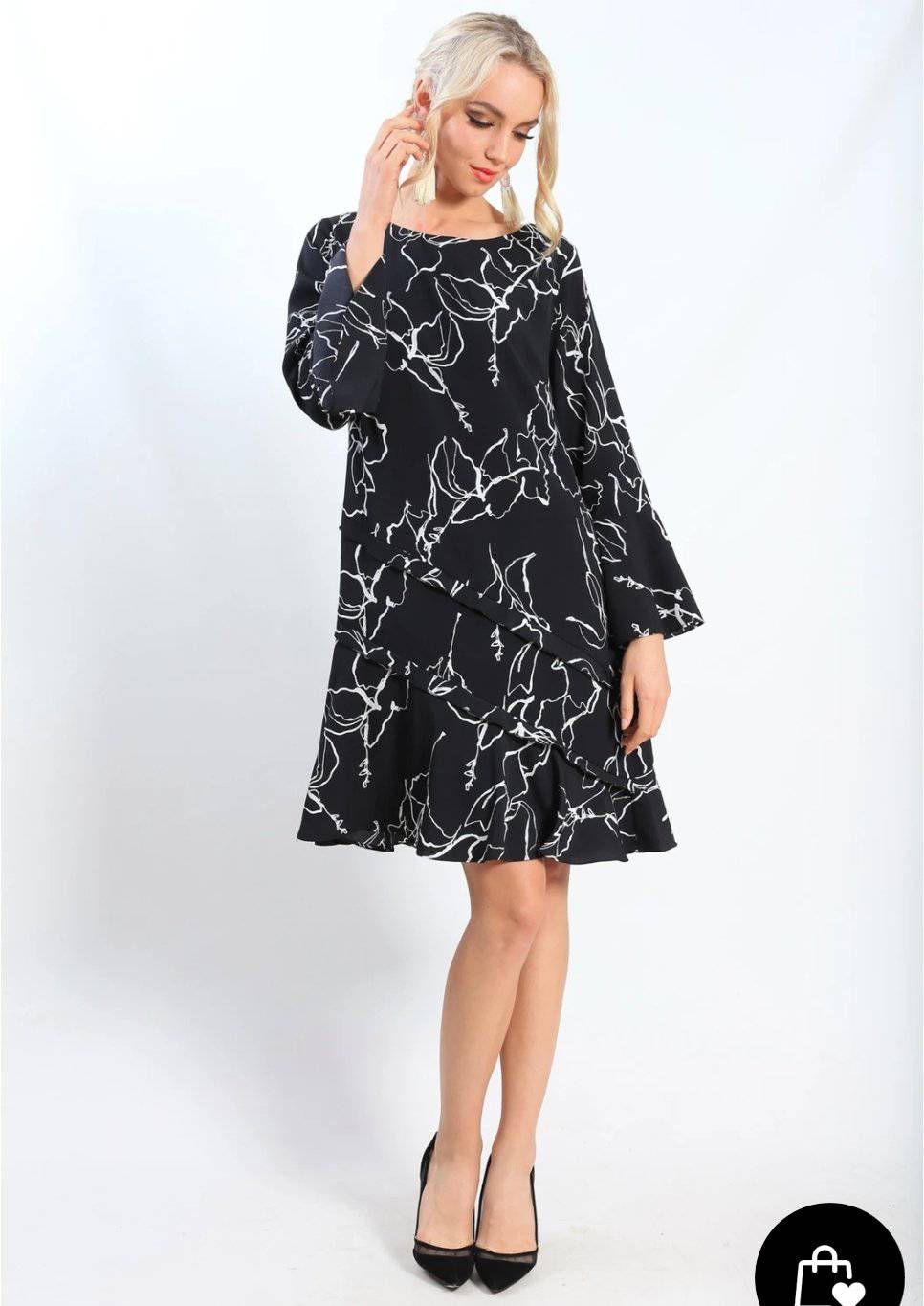 Dress Black White Winter Floral 3/4 Sleeve Knee Length Formal Wear - Tracey Glynn Fashions