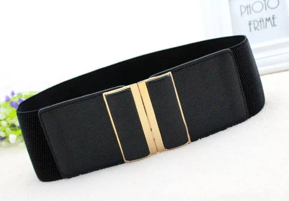 Black Belt With Stretch With Large Gold Square Buckle - Tracey Glynn Fashions
