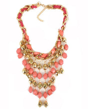 Load image into Gallery viewer, Necklace Long Length Gold And Coral Multi Layered Blue White. - Tracey Glynn Fashions
