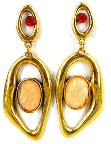 Earrings Long Drop Gold Pink Red Oval Costume Jewelry - Tracey Glynn Fashions