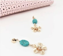 Load image into Gallery viewer, Earrings Turquoise Daisy Drop Stone Mid Length Semi Precious Stone Gold - Tracey Glynn Fashions
