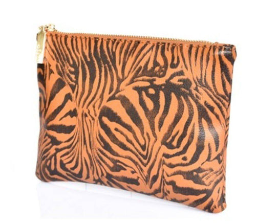 Purse Pouch Zebra Print With Zippered Top Vegan Leather - Tracey Glynn Fashions