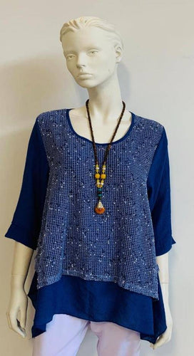 Cotton Winter Top In Royal Blue With Netted Layer - Tracey Glynn Fashions