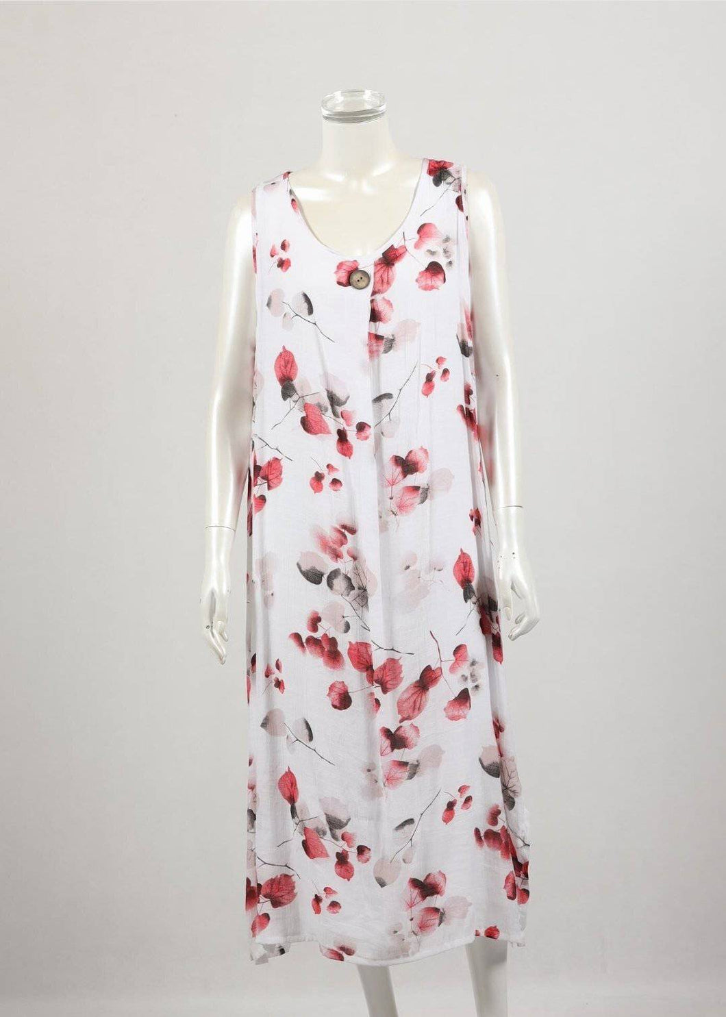 Dress Sleeveless Cotton Linen Reds and Pink Floral - Tracey Glynn Fashions
