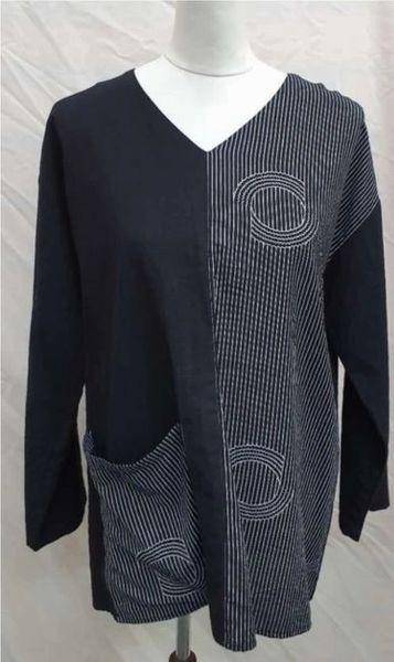 Shirt Long Sleeves Black Cotton Pocket White Contrast Pattern - Tracey Glynn Fashions