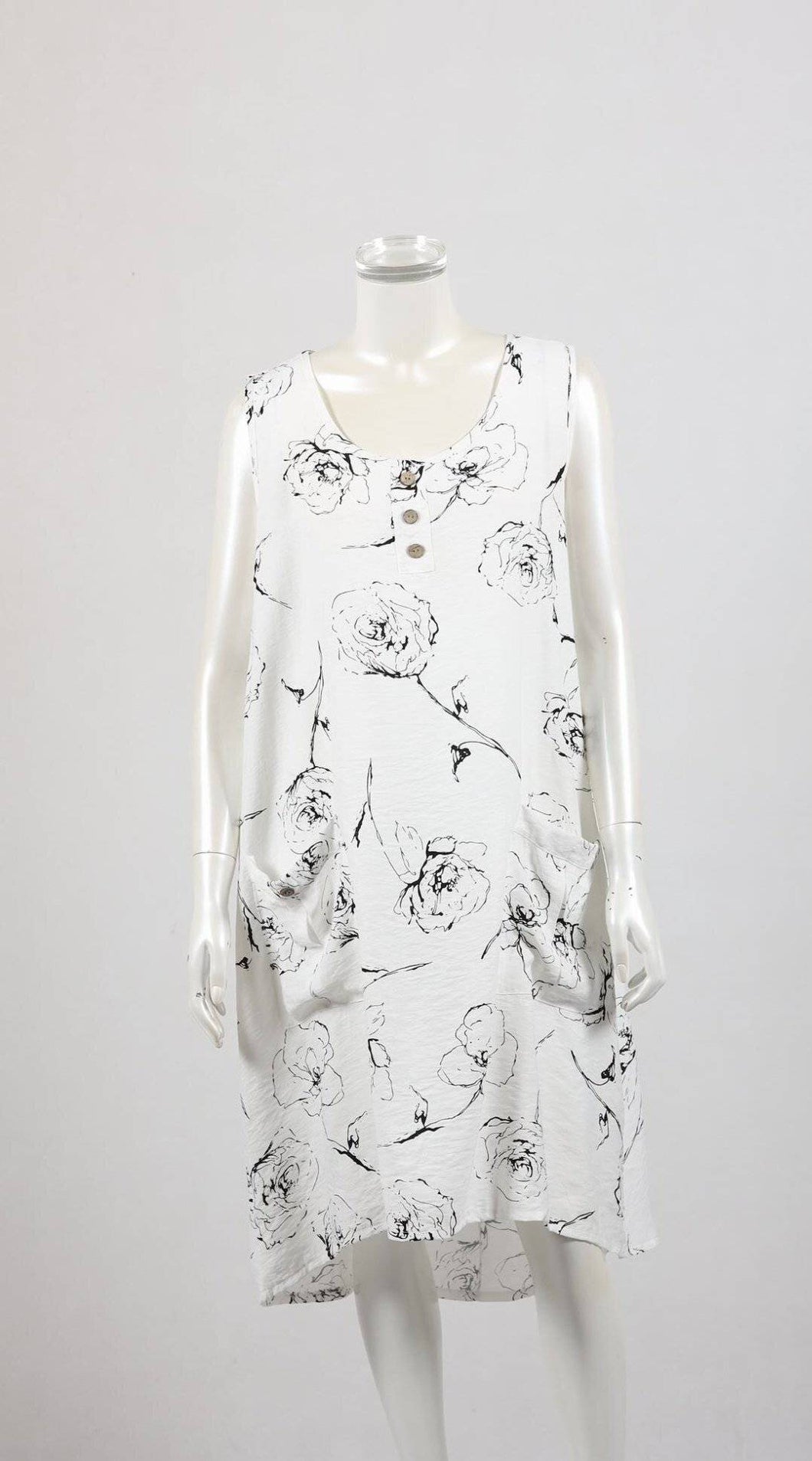 Tunic Maxi Dress White Sleeveless With Black Print With Pockets - Tracey Glynn Fashions
