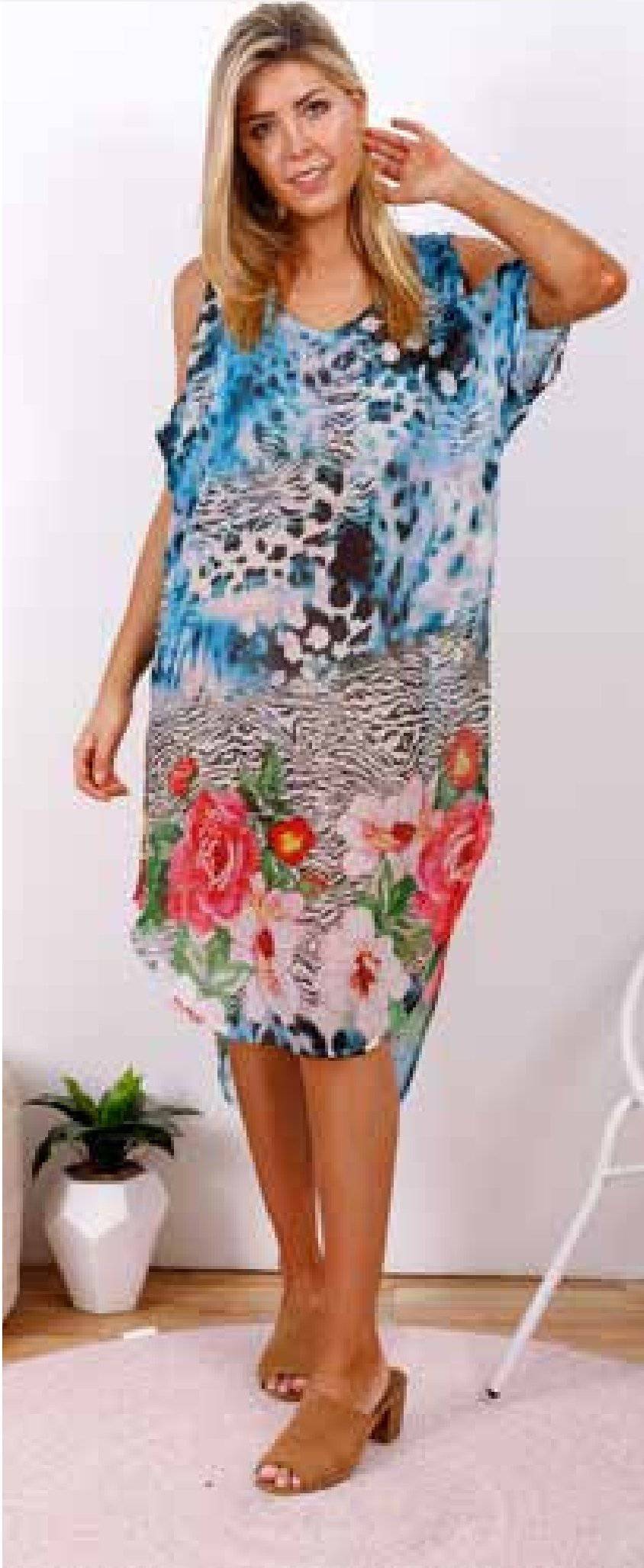 Dress Kaftan Animal Print Cold Shoulder Floral - Tracey Glynn Fashions