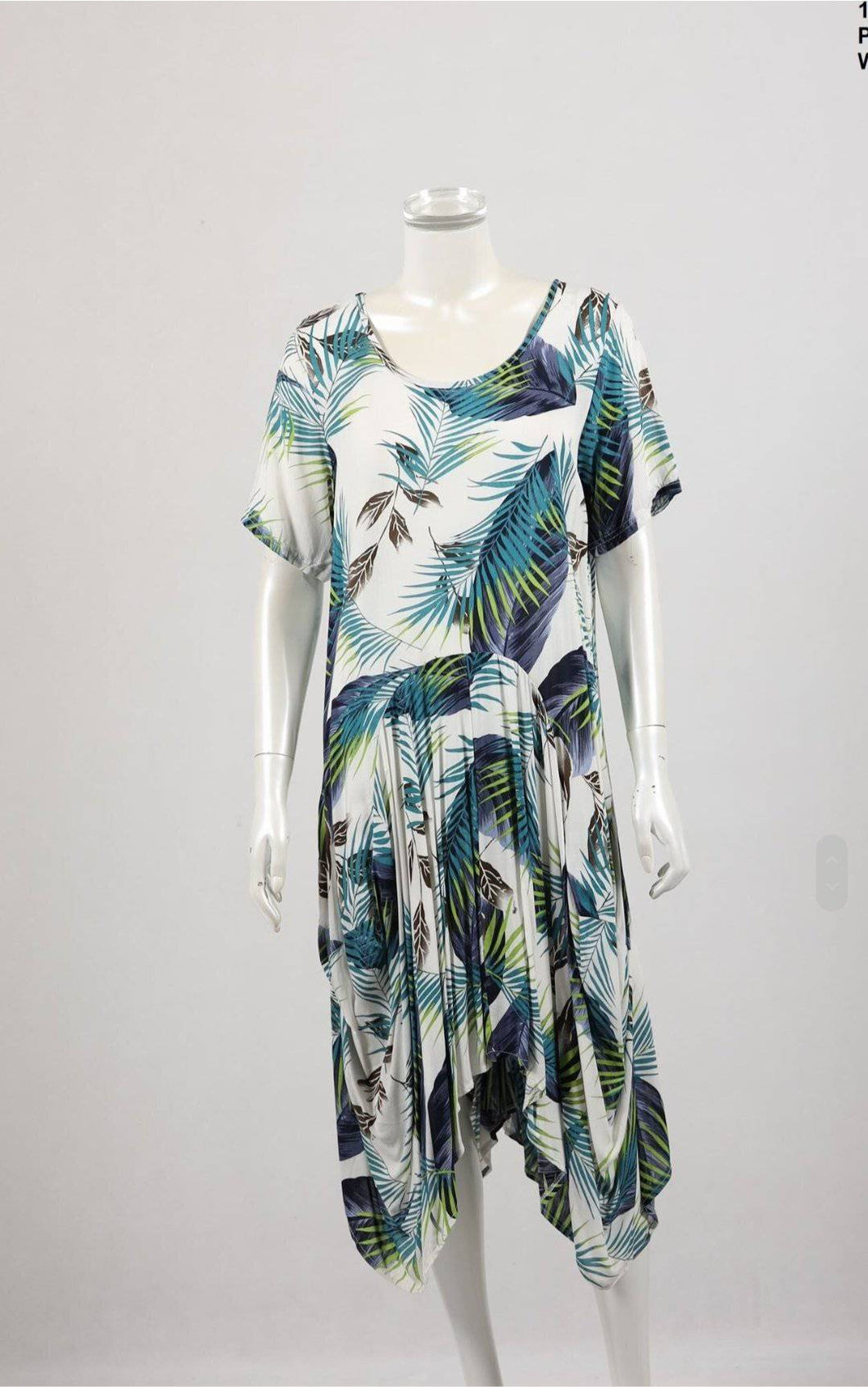 Summer Dress Large Leaf Print In Green Pinched Hem - Tracey Glynn Fashions