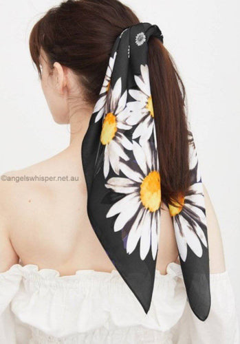 Scarf Summer Silk Feel Black With Daisy Print - Tracey Glynn Fashions