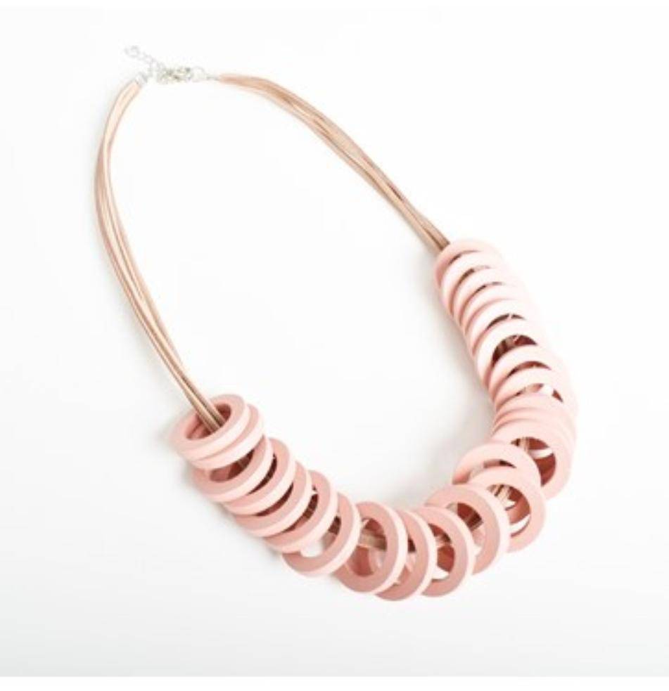 Women's Necklace Timber Faux Leather Long Chunky Pink Rings - Tracey Glynn Fashions